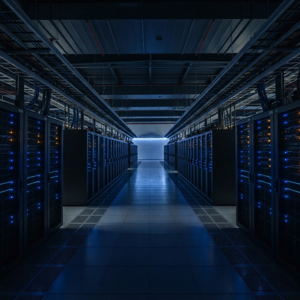 Interior of a modern data center with rows of server racks